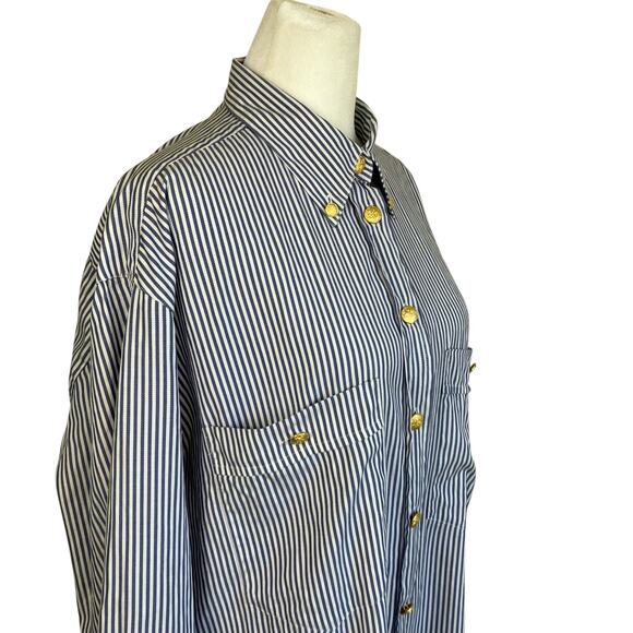 Escada Sport Vintage Blue & White Striped Long Sleeve Crested Button-up Shirt - Picture 6 of 16